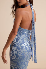 Sharon Slate Blue Velvet Burnout Halter Maxi Dress