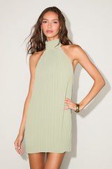 Gretchen Sage Pleated Halter Backless Mini Dress