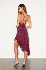 Audrine Burgundy Beaded Lace-Up Asymmetrical Midi Dress