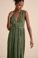Melitta Olive Green Plisse Sash Maxi Dress