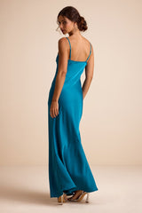 Riyona Aqua Blue Satin Seamed Sleeveless Maxi Dress