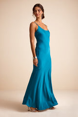Riyona Aqua Blue Satin Seamed Sleeveless Maxi Dress