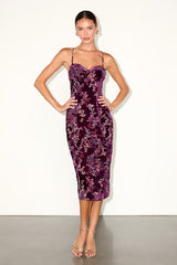 Moody Allure Plum Floral Velvet Burnout Lace-Up Midi Dress