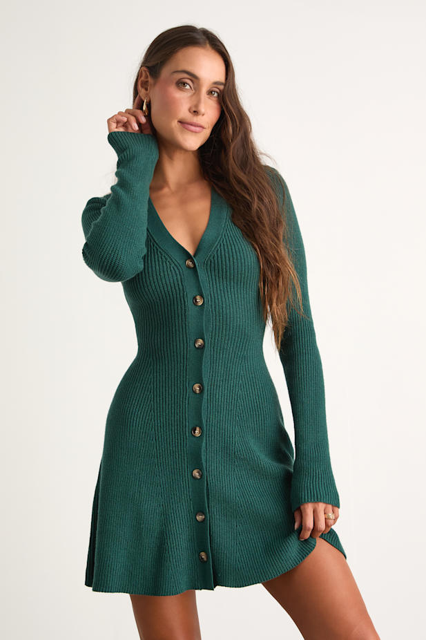 Adorably Flirty Emerald Button-Front Sweater Mini Dress