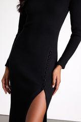 Refined Attitude Black Ribbed Side Button Midi Sweater Dress