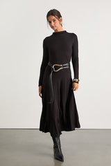 Corinne Black Jersey Knit Mock Neck Midi Dress
