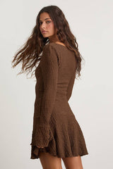 Radleigh Brown Textured Long Sleeve Drop Waist Mini Dress