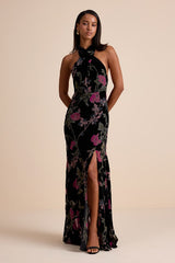 Flawlessly Gorgeous Black Burnout Floral Halter Maxi Dress