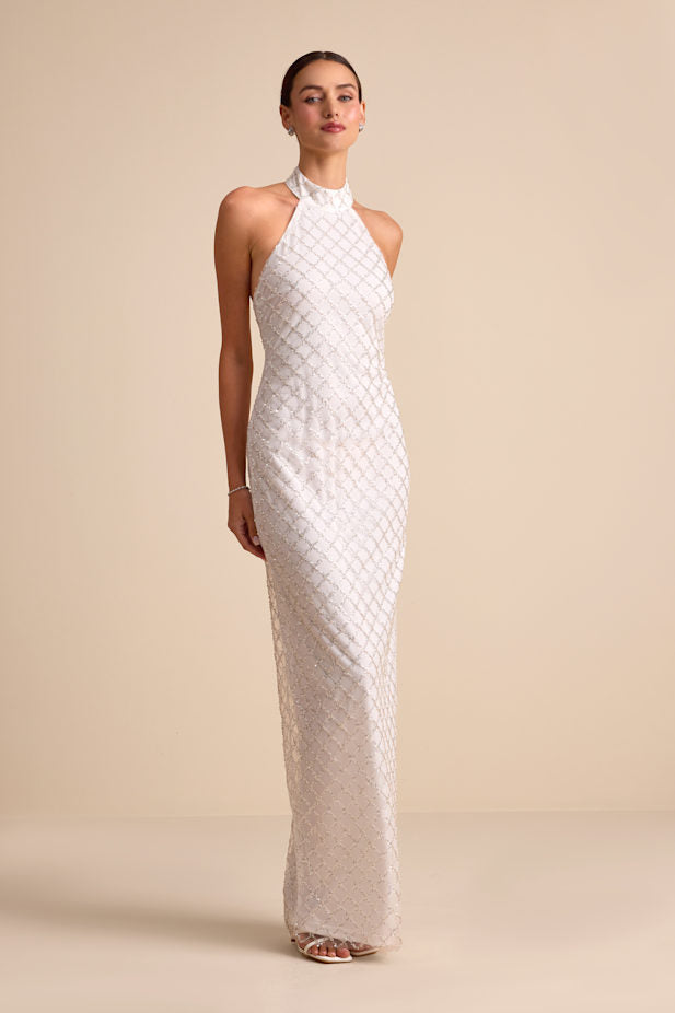 Novalea White Sequin Halter Maxi Dress