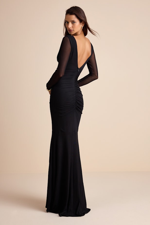 Georgina Black Jersey Knit Ruched Mermaid Maxi Dress