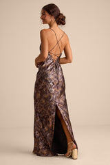 Sheeva Shiny Brown Multi Abstract Satin Lace-Up Maxi Dress
