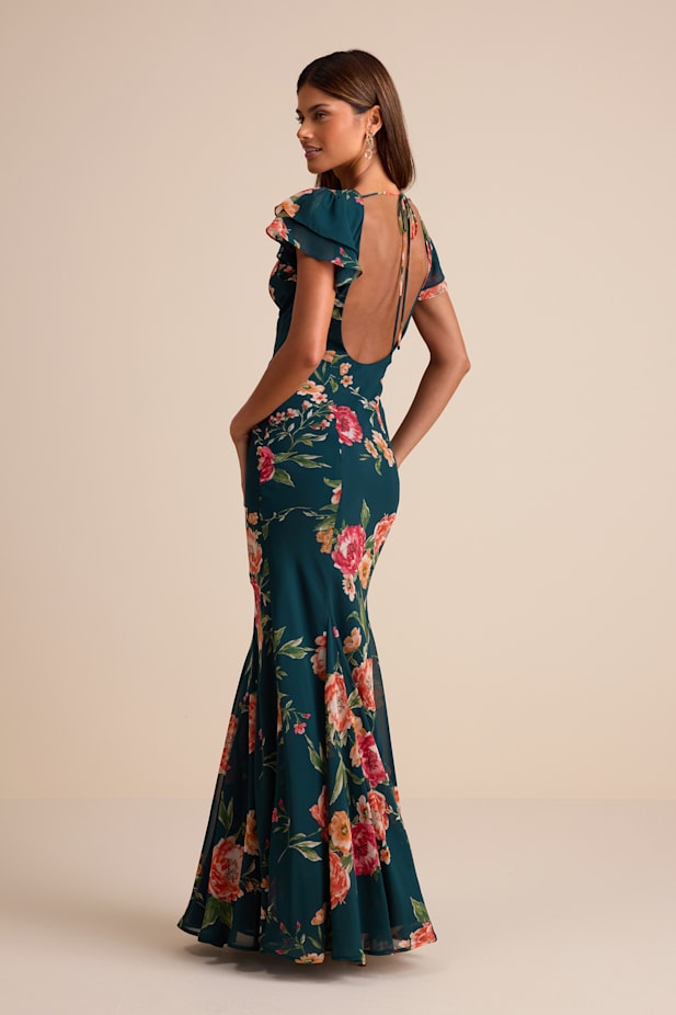 Resme Emerald Floral Flutter Sleeve Mermaid Maxi Dress