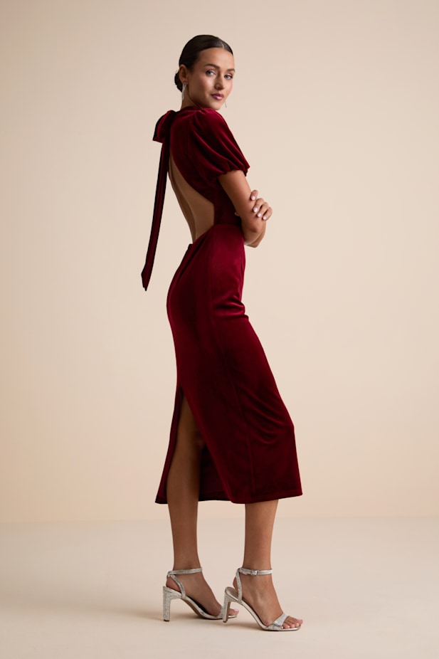 Fabulous Intuition Burgundy Velvet Backless Column Midi Dress