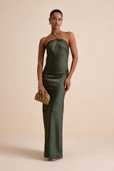Gracie Olive Green Satin Halter Neck Maxi Dress