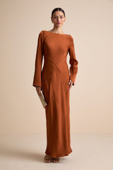 Kae Rust Orange Satin Cowl Back Maxi Dress