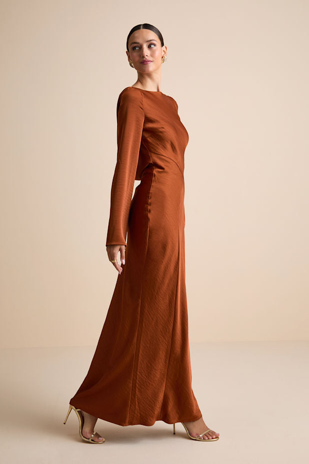 Kae Rust Orange Satin Cowl Back Maxi Dress