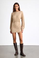Tionne Heather Beige Ribbed Long Sleeve Mini Dress