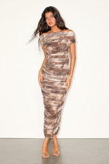 Sunama Taupe Abstract Mesh Ruched Bodycon Midi Dress