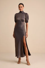 Talira Dark Taupe Satin Lurex Mock Neck Cutout Maxi Dress