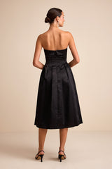 Indaya Black Satin Seamed Pleated Strapless Midi Dress