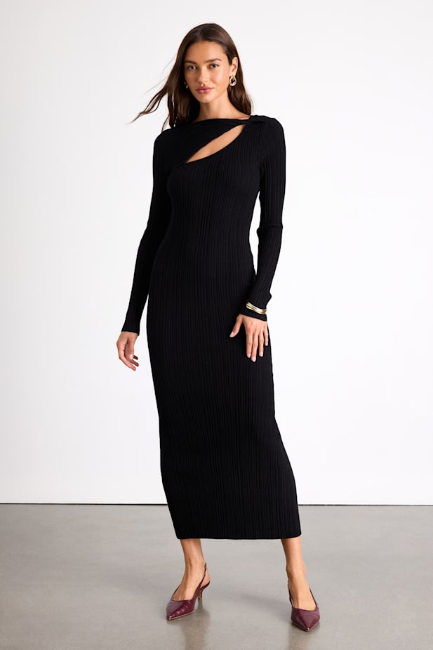 Mattea Black Ribbed Cutout Long Sleeve Sweater Midi Dress