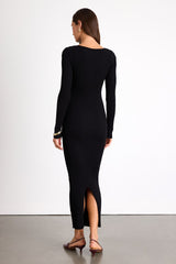 Mattea Black Ribbed Cutout Long Sleeve Sweater Midi Dress