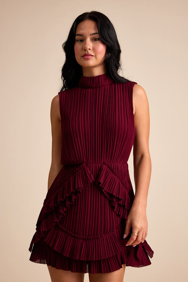 Alvana Burgundy Plisse Mock Neck Ruffled Mini Dress