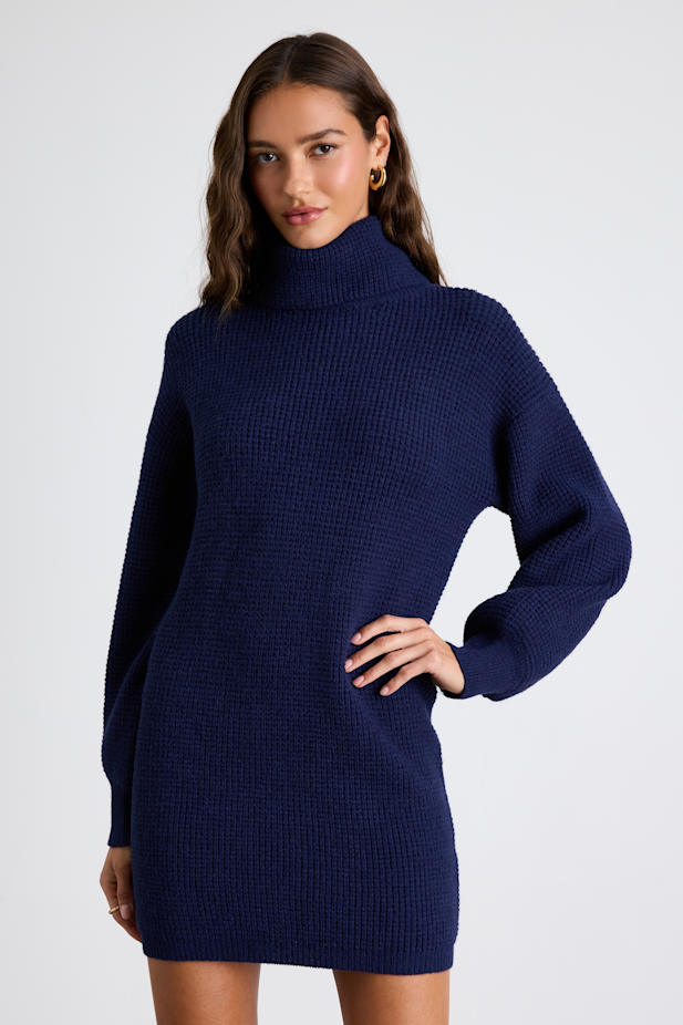 Casual Coziness Navy Waffle Knit Cowl Neck Sweater Dress