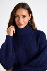 Casual Coziness Navy Waffle Knit Cowl Neck Sweater Dress
