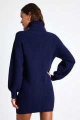 Casual Coziness Navy Waffle Knit Cowl Neck Sweater Dress