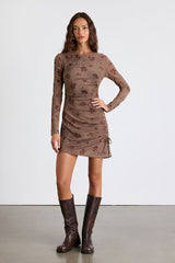 Laudie Light Brown Rose Print Ruched Mini Dress