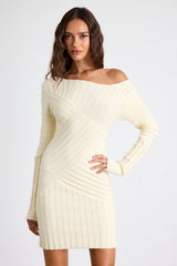Penelope Cream Ribbed Off-the-Shoulder Sweater Mini Dress