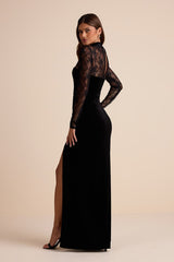 Avalia Black Velvet Lace Mock Neck Maxi Dress