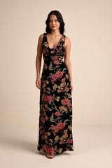Prim Black Multi Floral Burnout Velvet Cowl Back Maxi Dress