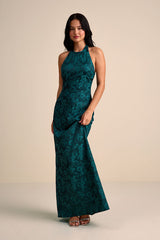 Alaria Emerald Satin Jacquard Halter Neck Maxi Dress