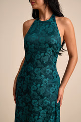 Alaria Emerald Satin Jacquard Halter Neck Maxi Dress