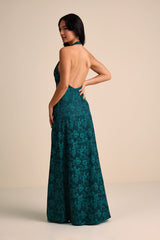 Alaria Emerald Satin Jacquard Halter Neck Maxi Dress