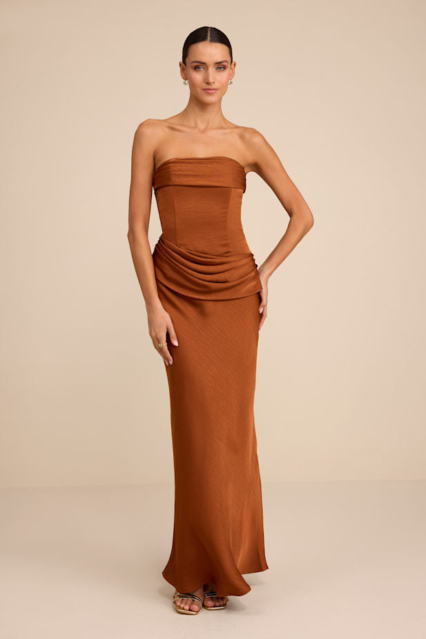 Verbena Bronze Satin Draped Strapless Maxi Dress