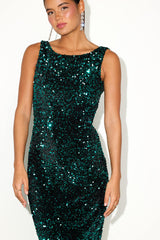 Oslah Emerald Velvet Sequin Cowl-Back Midi Dress