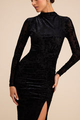 Neilina Black Velvet Jacquard Mock Neck Maxi Dress