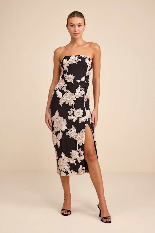 Kattalin Black Floral Applique Strapless Midi Dress