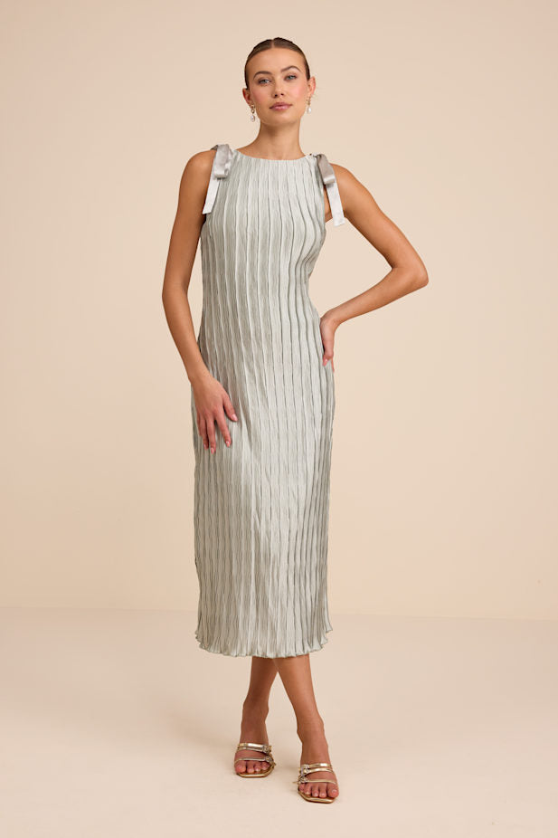 Nuala Sage Green Pleated Sleeveless Bow Midi Dress