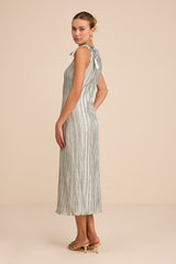 Nuala Sage Green Pleated Sleeveless Bow Midi Dress