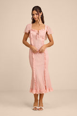 Aviara Light Pink Lace Ruffled Flutter Sleeve Midi Dress