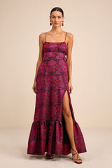 Jasiel Burgundy Jacquard Lace-Up Tiered Maxi Dress
