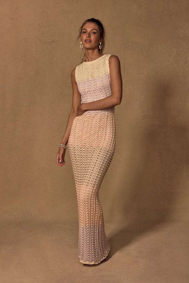 Kirsten Cream Multi Crochet Backless Maxi Dress