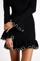 Waverly Black Ribbed Ruffled Tie-Back Sweater Mini Dress