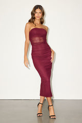 Utterly Attractive Burgundy Mesh Ruched Strapless Midi Dress