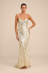 Sparkle 'til Dawn Gold Sequin Lace-Up Mermaid Maxi Dress