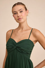 Jolette Emerald Pleated Knot-Front Maxi Dress